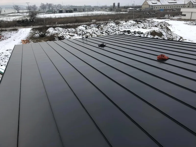 Detail dokončenej antracitovej falcovanej strechy